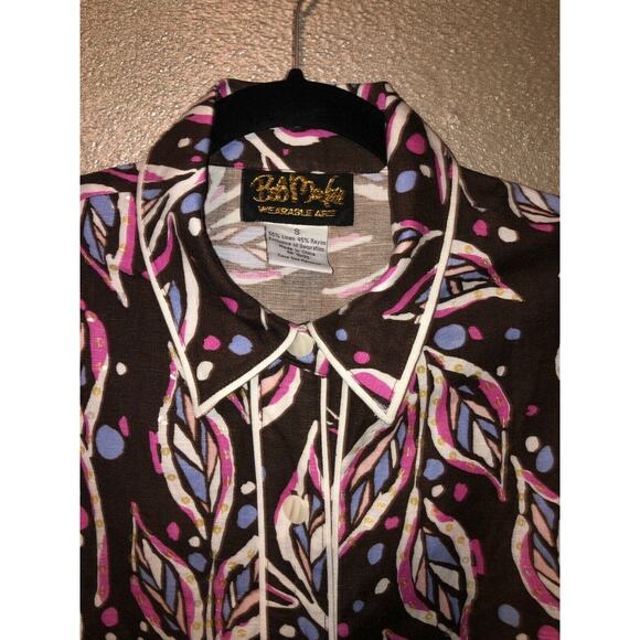 Bob Mackie Wearable Artsy Edgy Leaves Sequin Short Sleeve Button Linen Shirt - Picture 2 of 7